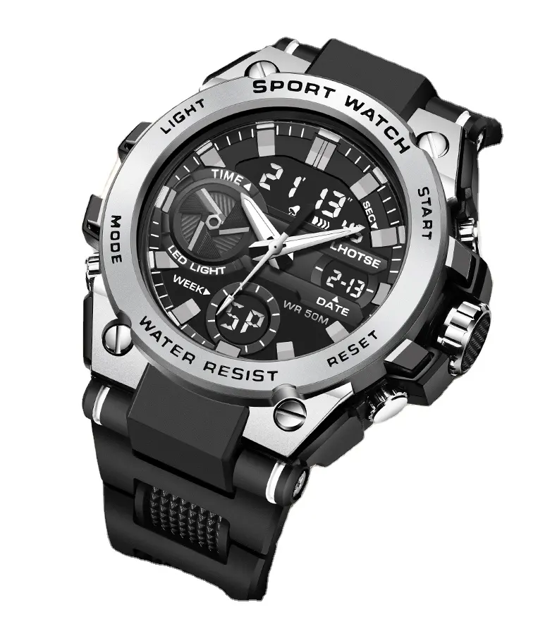 LHOTSE 3067 Top Sport Watch Big Head Dual Time Analog Led Clock Waterproof Sports Quartz Digital Men Wrist Watches