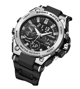 LHOTSE3067男性用時計スポーツ時計合金ケースデュアルタイムアナログLED時計防水スポーツクォーツデジタル男性腕時計