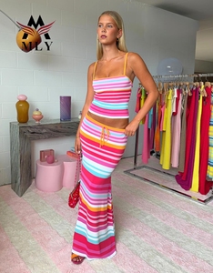 Colorful Striped Print Two Piece Swimsuits Knitted <strong>Cover</strong> <strong>up</strong> Spaghetti Straps <strong>Swim</strong> <strong>Dress</strong> Long Knit Beachwear for Women - Product Image 1