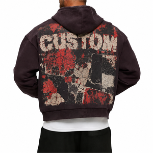 Sudadera con capucha corta OEM con cremallera, diseño streetwear, tejido French Terry, corte holgado, lavado vintage, gráfico, logotipo personalizado de alta calidad, para hombre. - Product Image 3