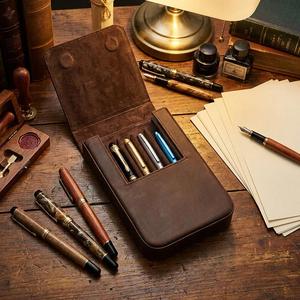 Crazy Horse Leather Pen case Handmade <b>6</b>-slot Magnetic <b>Drawer</b> Style Student Genuine Leather Fountain Pen Storage Box Modern - Product Image 4