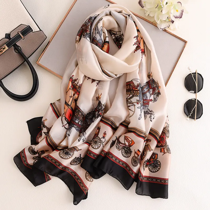 Wholesale 2020 new style silk textured scarves cheap elegant carriage design printed women handmade silk scarf