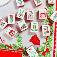 Tuiles de Mahjong de Noël Rouge Joyeux Noël Modernes 160 Tuiles Acryliques Peintes à la Main 3 Couches Jeu Familial de Luxe Portable Divertissement