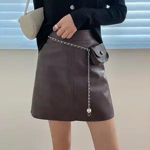 RUYI Leather Skirt with Chain Waist Bag a Line Pu Mini for Women High Waist Plain Dyed Casual Daily Wear S-XL or Customized Size