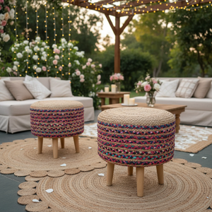Poufs ottomanes ronds en bois tressé de coton et de jute, faits à la main, ensemble de 2 pièces mobiles pour la décoration de mariage - Product Image 3