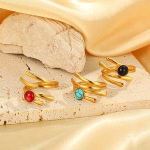 Cunyan 2025 thời trang mạ vàng đá quý nhẫn cho phụ nữ Hollow Chunky thép không gỉ có thể điều chỉnh Nhẫn bán buôn số lượng lớn - Product Image 4