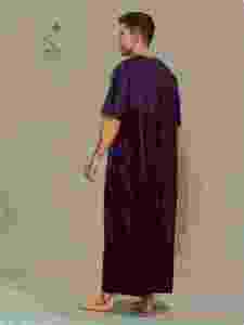 <b>Men's</b> Solid Color Cotton <b>Thobe</b> Floor Length Short Sleeve Round Neck Modest Prayer Wear Middle East Style Regular Fit - Product Image 3