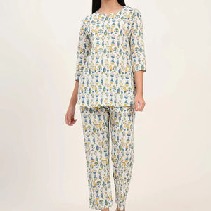 Safe Export Floral Cotton Pajama Set Hand Block Print Sleepwear Women's Nightwear Solid Colour Wholesale Price Available - Product Image 1