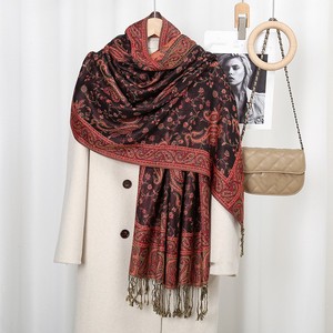 Women Ladies Color Blocking Vintage Floral Flowers Pattern Ethnic Jacquard <strong>Paisley</strong> <strong>Pashmina</strong> <strong>Scarf</strong> Shawl Poncho with Tassels - Product Image 1
