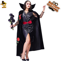 Robe de vampire imprimée de fleurs roses pour femmes, costume de vampire noir pour fête d'Halloween, cosplay pour adultes