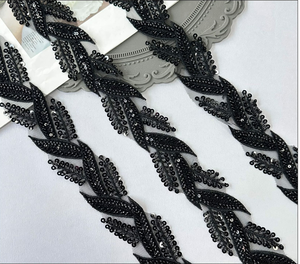 Heavy Beaded Embroidery <strong>Sequins</strong> Leaf Lace bar Code <strong>Ribbon</strong> for Garment - Product Image 3