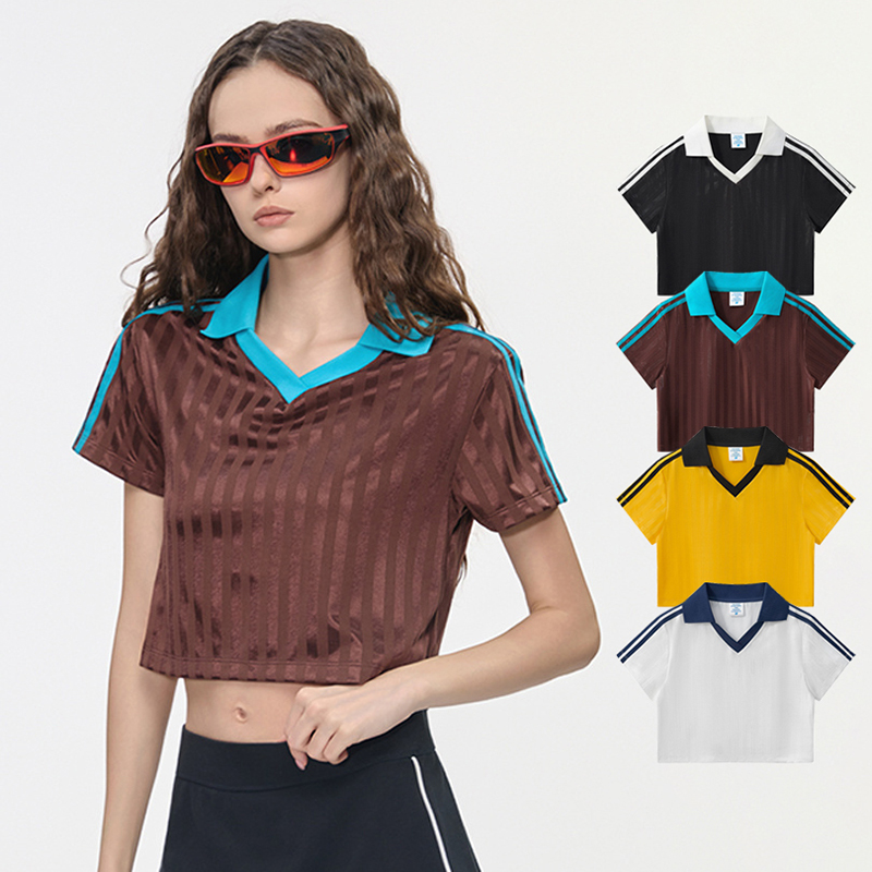Drop Shipping Custom Logo Soccer Style Women's Crop Polyester T Shirts With Striped Jacquard Summer Lightweight T-shirts