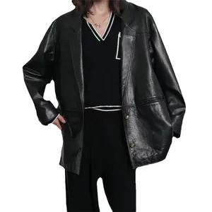 High Quality Custom Suit Waxy Leather Coat Black Genuine Goat Skin Leather Jackets Women