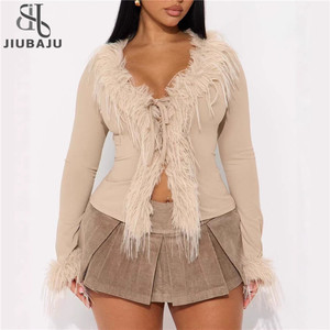 Nuovo Cardigan Primaverile con Bordo in Pelliccia, Sottile, da <span class=keywords><strong>Donna</strong></span>, con Scollo a V e Lacci, Manica Lunga, Tinta Unita - Product Image 1