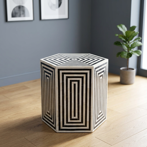 Mesa Auxiliar Moderna con Incrustaciones de Resina y Madera, Diseño Geométrico a Rayas Blancas y Negras, Decoración para Sala de Estar, Mueble para el Hogar, Mesa de Centro - Product Image 1