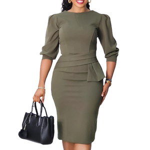 Elegante Vestido Lápiz Verde Oliva con Mangas Abullonadas y Cinturón para Oficina - Product Image 1