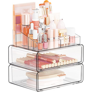 Clear Double Layer Cosmetic Storage <b>Drawer</b> With <b>Stackable</b> Design For Makeup Organizer Desktop Use - Product Image 1