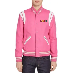 Manufacturer Wholesale Mens Blank Custom Made Pink & White Letterman Bomber Jacket