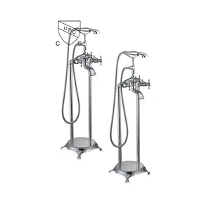 Chrome Plated Appearance Multi-functional Vertical Bath Faucet 3 Knob Design Brass Floor Bath Faucet Telephone Shower Head