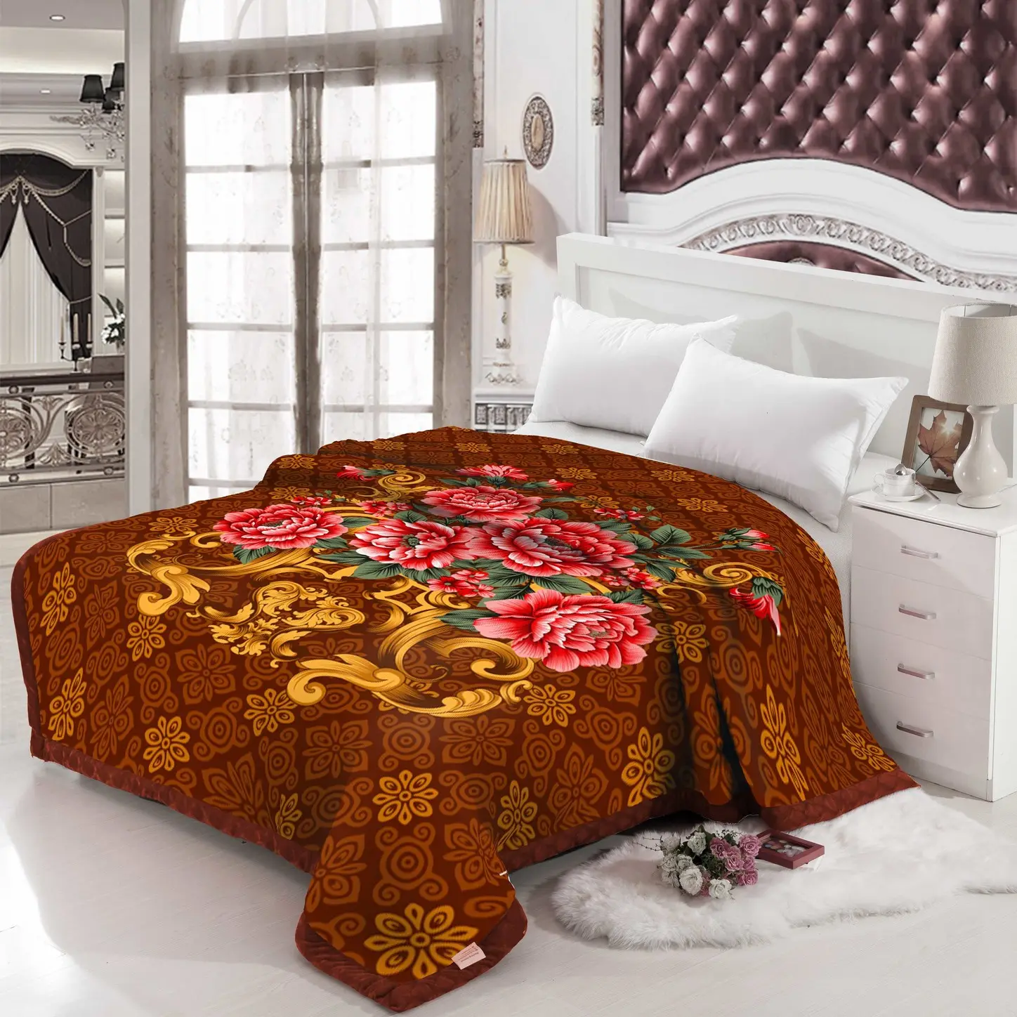 H Luxury Turkey Azec 1 Layer Bohemian King Size Luxury Raschel Mink 7pcs Bedding Sets