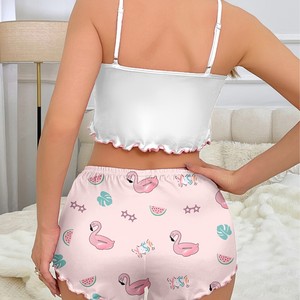 Pyjama exclusif transfrontalier pour femme, bretelles fines élastiques, soie de lait, nœud, ensemble camisole et short doux et mignon. - Product Image 2