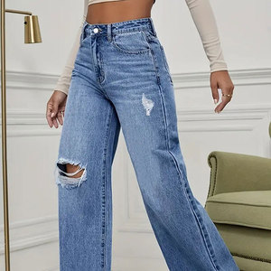 Jeans de Moda 2025 - Pantalones Vaqueros de Mezclilla para Mujer, Color Azul Claro, Cintura Alta, Largos hasta el Suelo, Desgastados, de Pierna Ancha y Recta - Product Image 2