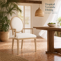 Fauteuil de salle à manger rembourré de style français moderne avec dossier ovale rond, structure en chêne blanc américain massif, accoudoirs ouverts pour salles à manger domestiques
