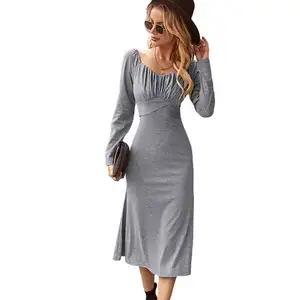 Herbst Frauen Kleidung Elegante Casual Party Plissee Detail Langarm Midi Kleid