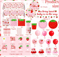 Ensemble de vaisselle jetable pour fête d'anniversaire sur le thème de la fraise, comprenant des assiettes, des gobelets, des serviettes, des couverts, une nappe, des drapeaux, des décorations de gâteau