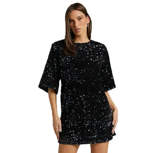 Popular Sequin Style Women's T Shirt Dresses Black Short Sleeve Colorful Shiny Casual Summer Clothing Crew Neck Summer Dress