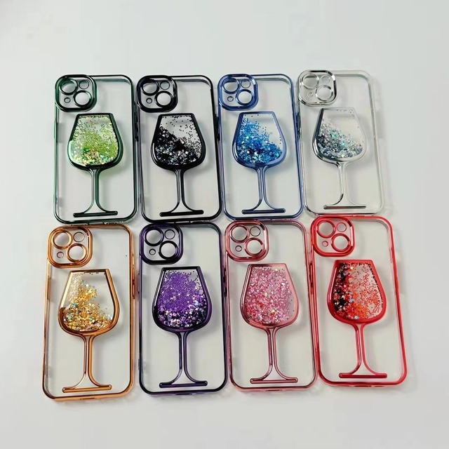 Luxury Electroplated Transparent Liquid Moving Quicksand Red Wine Glass Phone Protective Case for iPhone 16 15 14 13 Pro Max