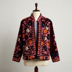 OEM Custom <b>Women</b> Floral Embroidered Maroon <b>Velvet</b> Jacket Boho Short Open Front <b>Coat</b> Vintage Winter Ethnic Outerwear Wholesale - Product Image 1