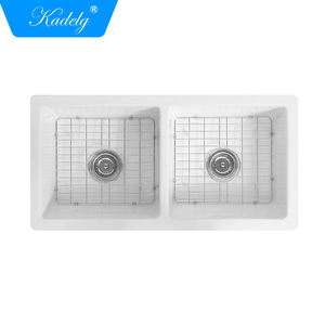 Évier de cuisine en céramique blanc à double bac, à encastrer, avec tablier frontal - Product Image 4