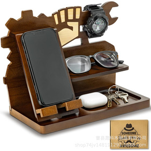 Wooden Desktop <b>Organizer</b> 3 Layers Phone Holder Glasses Watch <b>Key</b> Storage Multipurpose Office <b>Organizer</b> Standing Type Rectangle - Product Image 5