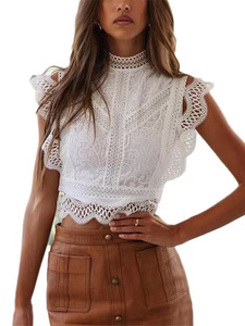 Stand up Collar Oco Top Abotoado Irregular Lace Camisa e Top Plus Size Camisas das Mulheres Lace Chiffon Blusa para As Mulheres - Product Image 6