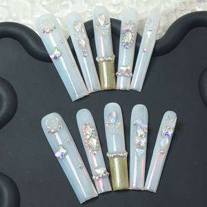 Prix d'usine – Faux ongles de luxe en acrylique, longs, rose, pleine couverture, faits à la main, à presser, avec strass étoiles – Vente en gros - Product Image 3