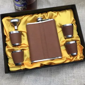 7Oz 8Oz Hitam/Coklat Kulit Dibungkus Stainless Steel Hip Flask dengan Shot Kaca Corong Cangkir Kotak Hadiah