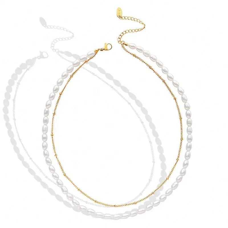2024 verano Notarnish diseño de moda Acero inoxidable 18K textura de oro barroco perla de agua dulce doble gargantilla collar