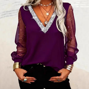 T-<span class=keywords><strong>shirt</strong></span> élégant et doux à manches longues en maille à col en V avec paillettes, mode féminine européenne et américaine, printemps-été - Product Image 3
