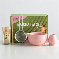 Bol à Matcha en Céramique Rose Prix de Gros Usine, Fouet à Matcha en Bambou Personnalisé et Cuillère, Accessoires 5/8 pièces