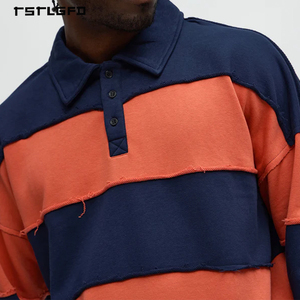 T-shirt Homme Rétro Effet Vieilli Bords Bruts Manches Longues Colorblock Épaules Tombantes <span class=keywords><strong>Polo</strong></span> Rugby Streetwear Haut de Gamme - Product Image 2