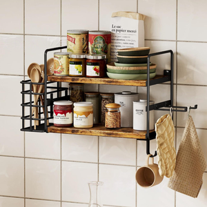 Mensola porta asciugacapelli a 2 livelli in legno rustico da parete, organizer da bagno con cestello in filo metallico - Ingrosso - Product Image 4