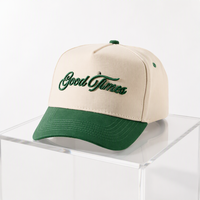 Casquette de baseball bicolore en toile à 5 panneaux avec logo brodé 3D Qianzun vert sauge et lettres script, bord imprimé floral, personnalisable, vente en gros