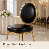 Chaise de banquet de mariage pour hôtel, salle d'événements, fête, en acier inoxydable doré, cuir PU noir, empilable, vente en gros