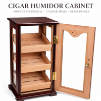 Grand meuble vitrine à cigares en bois et verre avec 4 niveaux de plateaux en cèdre espagnol, hygromètre, serrure et clé, accessoires pour cigares