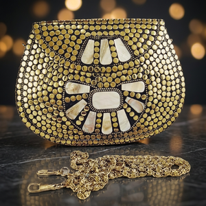 Sac à main en laiton doré mosaïque avec incrustation de nacre, bandoulière chaîne, fait main, en métal, pour femme, événements, soirées ethniques, artisanat en résine - Product Image 1