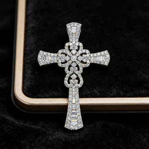 CUSTOM SILVER 10K/14K/18K GOLD PLATED LAB GROWN CVD DIAMOND CLASSIC ENGAGEMENT GIFT SWEATER <b>CHAIN</b> NECKLACE <b>CROSS</b> PENDANT - Product Image 2