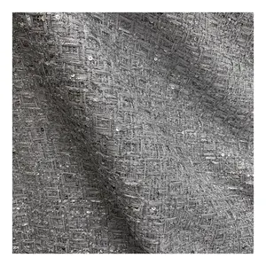 2024 New Silver Grey Tweed Woollen Fabric With 3MM Paillette Sequins and Camellia for Garment SS230629-EMB04