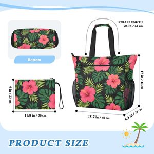 Bolsa de Playa de Verano con Estampado de Flores Hawaianas Personalizada para Mujer, Cierre de Cremallera, Forro de Poliéster, Bolsa de Viaje Portátil de Gran Capacidad - Product Image 3
