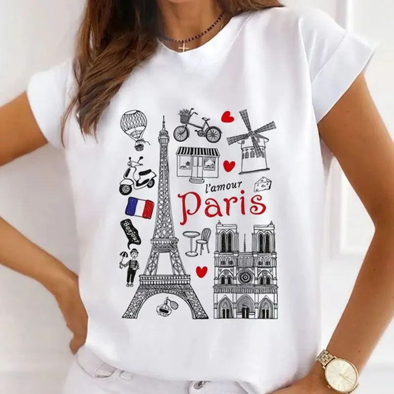 Mode Schattige Parijs Print Womens Witte Zachte Zijde Gebreide Comfort Korte Mouw T-Shirts Aandelenkoers